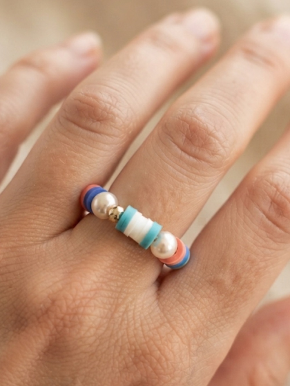 Pearl Bead Stretch Ring with Blue & Coral Accents